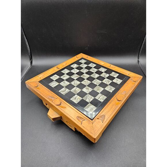Hand Carved Wooden Marble Chess Board Set w/2 Drawers White Black Onyx Pieces - Picture 2 of 11
